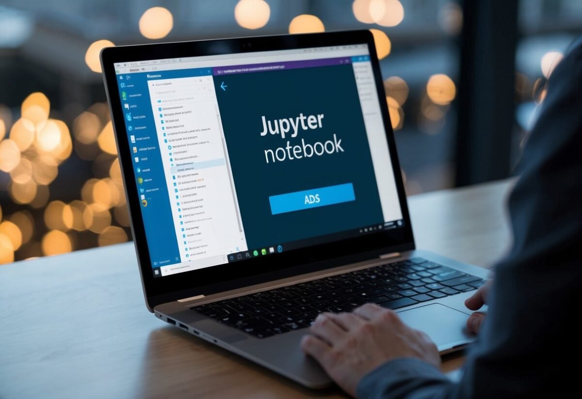 A laptop open to a Jupyter notebook in Azure Data Studio, with the ADS interface visible on the screen