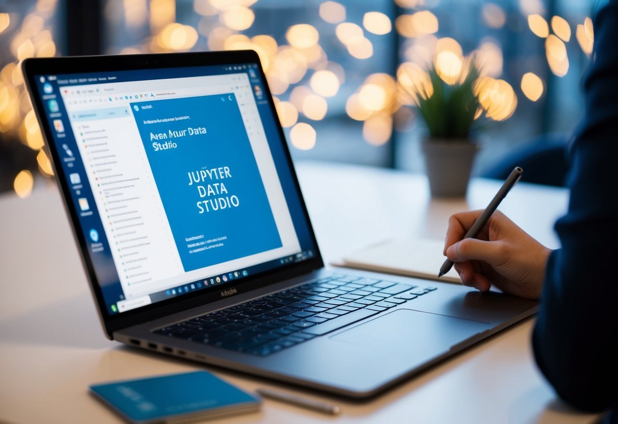 An open laptop displaying a Jupyter notebook in Azure Data Studio, with a stylus nearby for note-taking