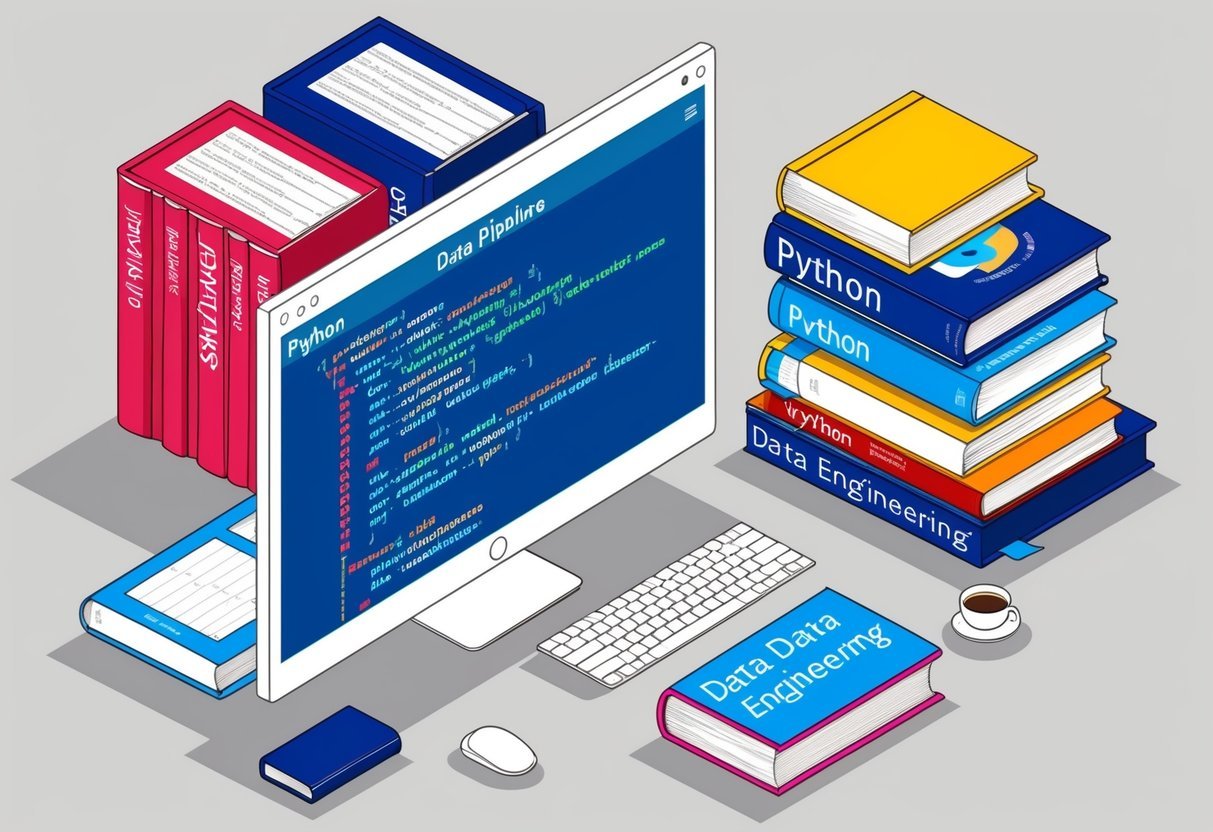 A computer screen displaying Python code for data pipelines, surrounded by books on Python and data engineering