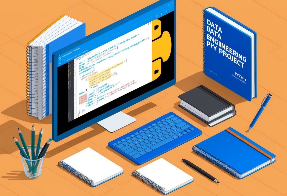A computer screen displaying code for a beginner Python project, surrounded by notebooks, pens, and a data engineering textbook