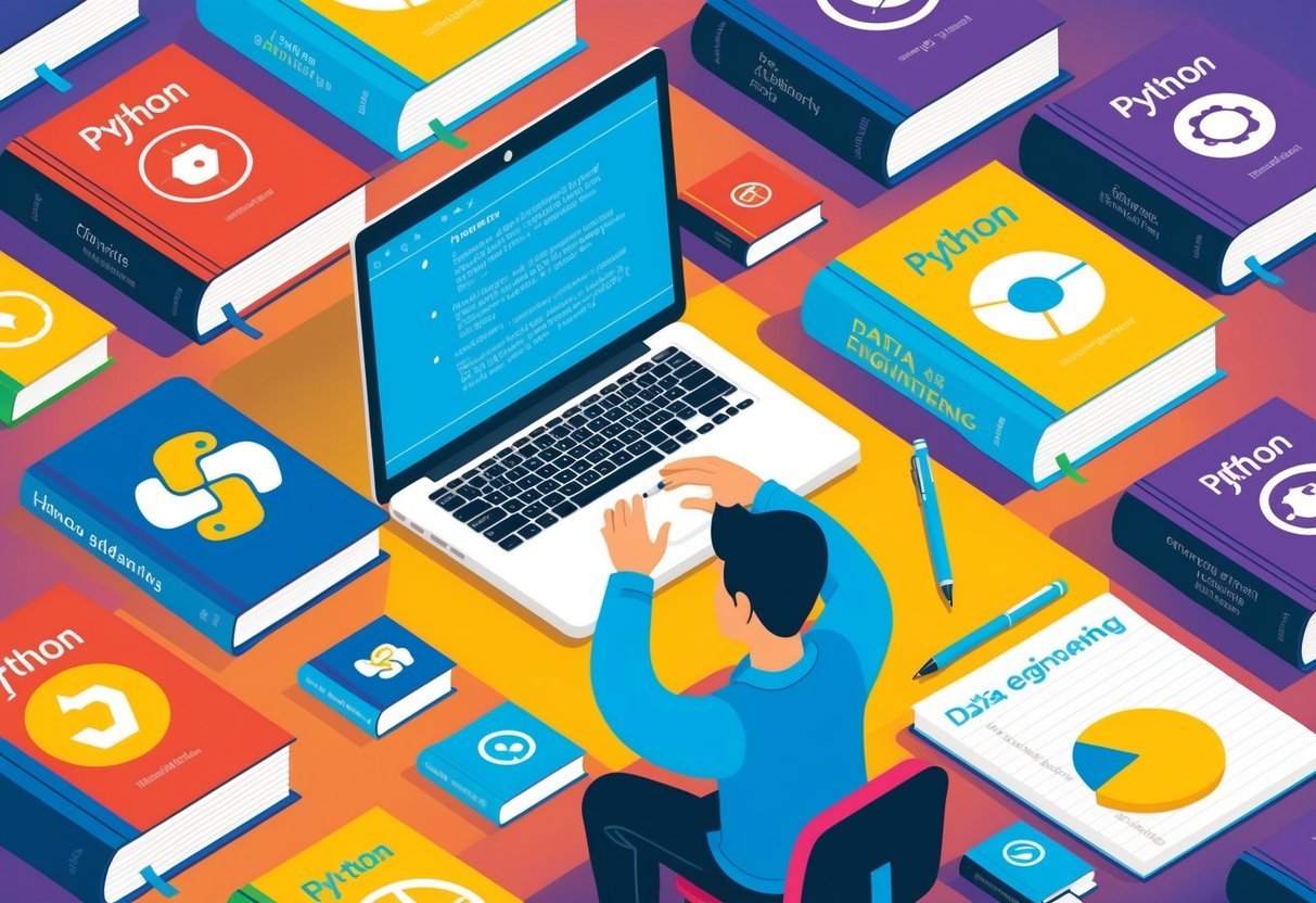 A person working on a laptop, surrounded by books on Python and data engineering, with a notebook and pen for taking notes