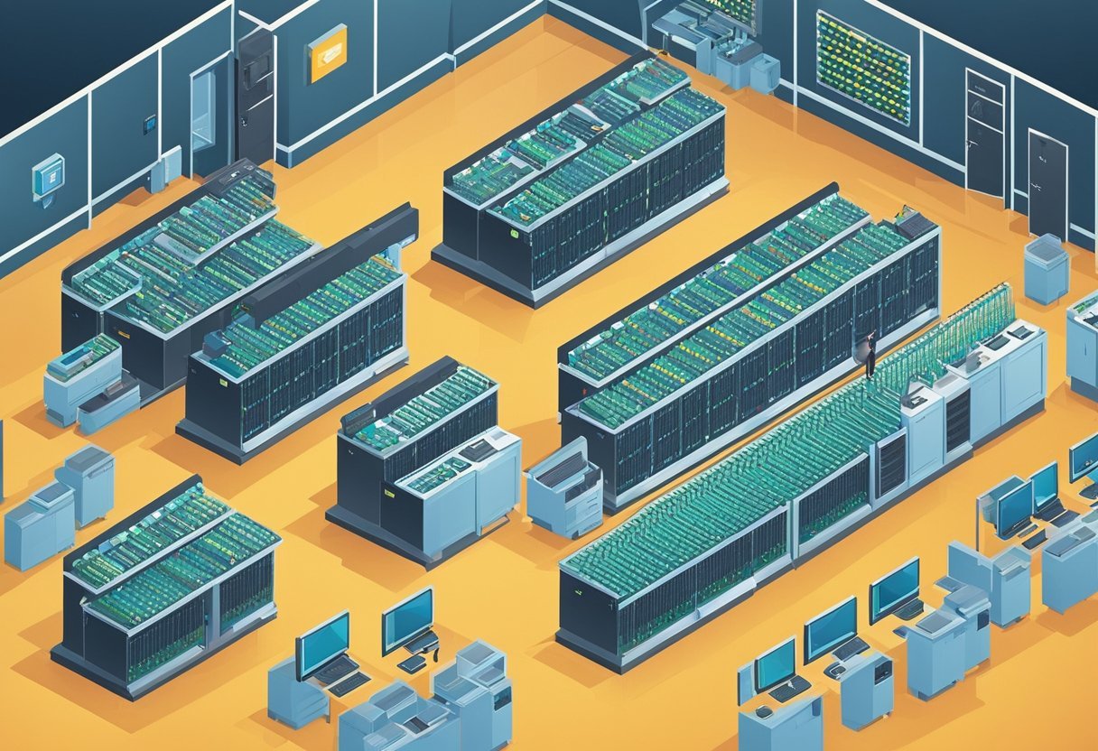 A server room with rows of racks filled with blinking lights and cables, surrounded by security cameras and access control systems