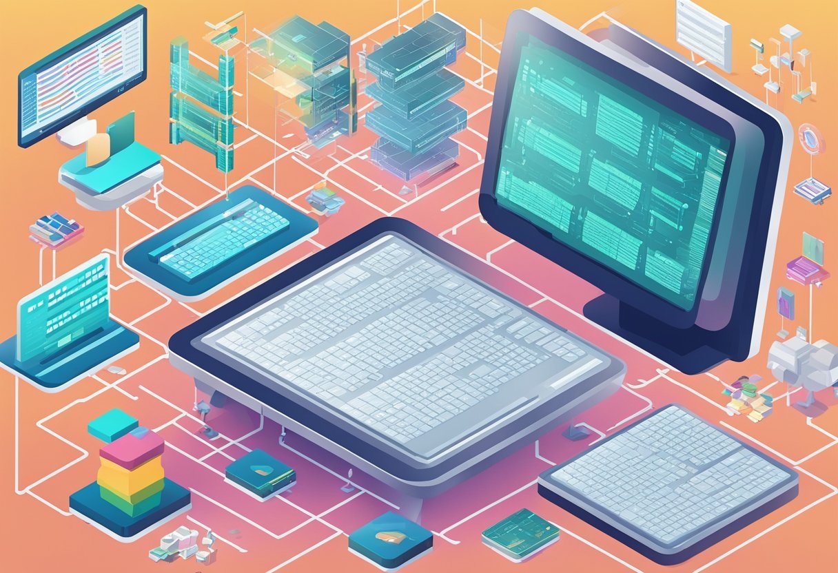 A computer screen displaying a complex database schema with various tables, relationships, and data types