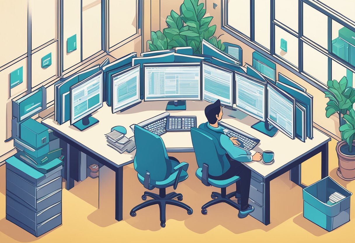 A database practitioner at a desk, surrounded by computer monitors and documents, working on database design and development