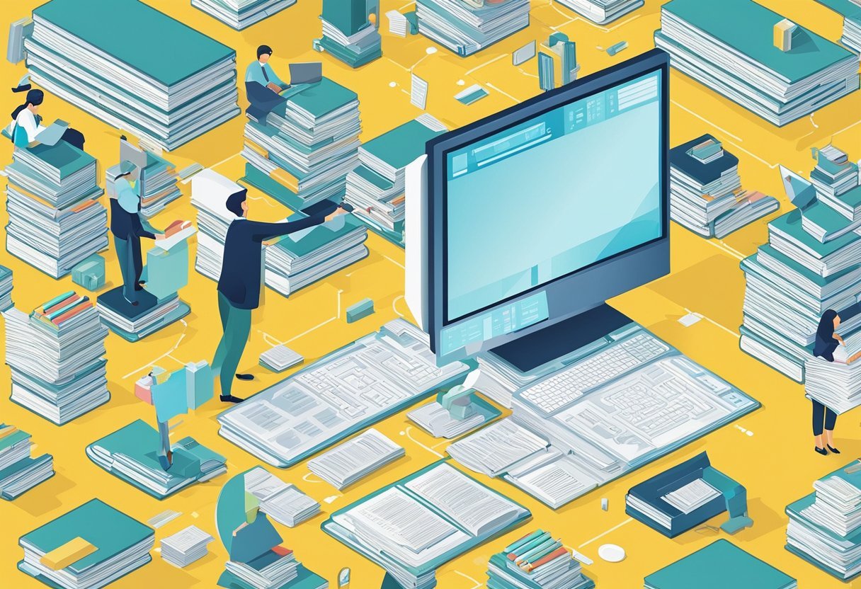 A person at a computer, surrounded by books and papers, creating a database schema on a whiteboard