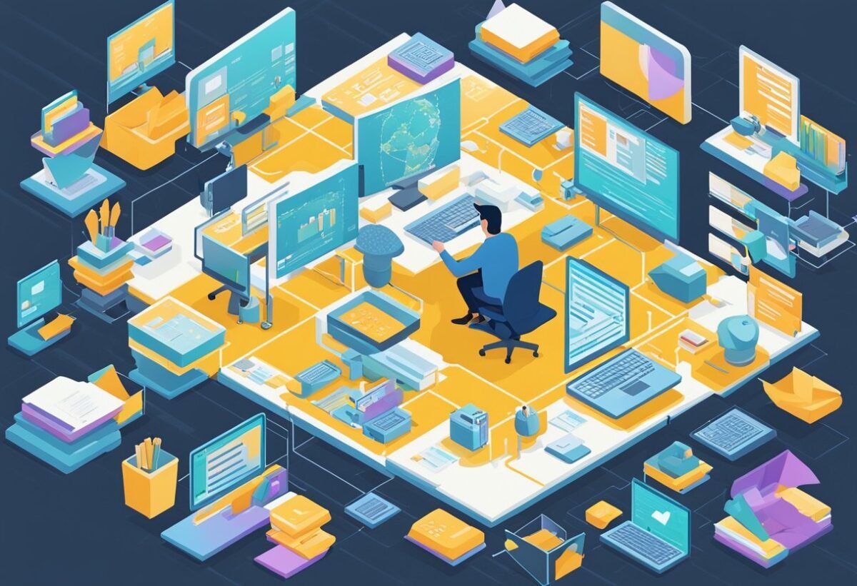 A person using a computer to create entity-relationship diagrams and named entity recognition, surrounded by various software and tools