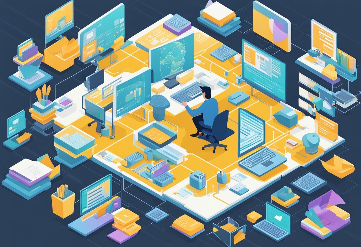 A person using a computer to create entity-relationship diagrams and named entity recognition, surrounded by various software and tools