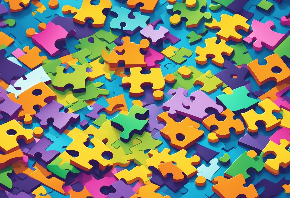 A group of puzzle pieces with complex shapes and patterns, scattered on a table