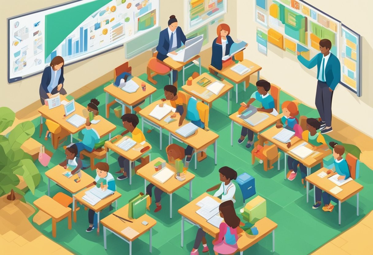 A classroom setting with students and a teacher discussing and pointing to various objects on a whiteboard