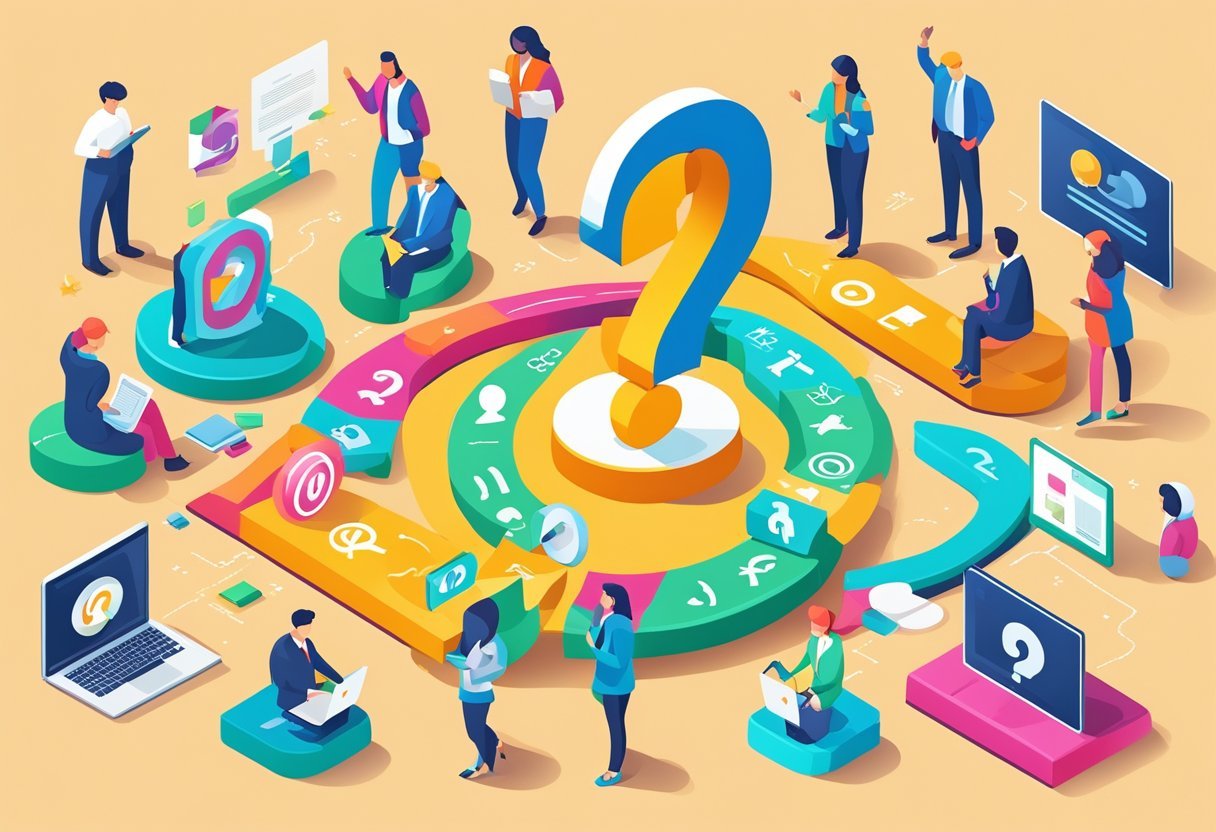 A group of diverse symbols and icons surrounding a central question mark, representing the concept of identifying entities in a FAQ