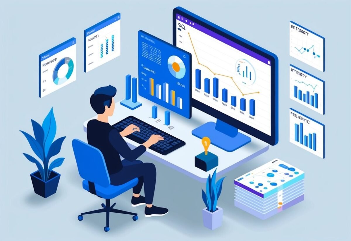 A person typing SQL commands on a computer while graphs and charts display data integrity and performance metrics