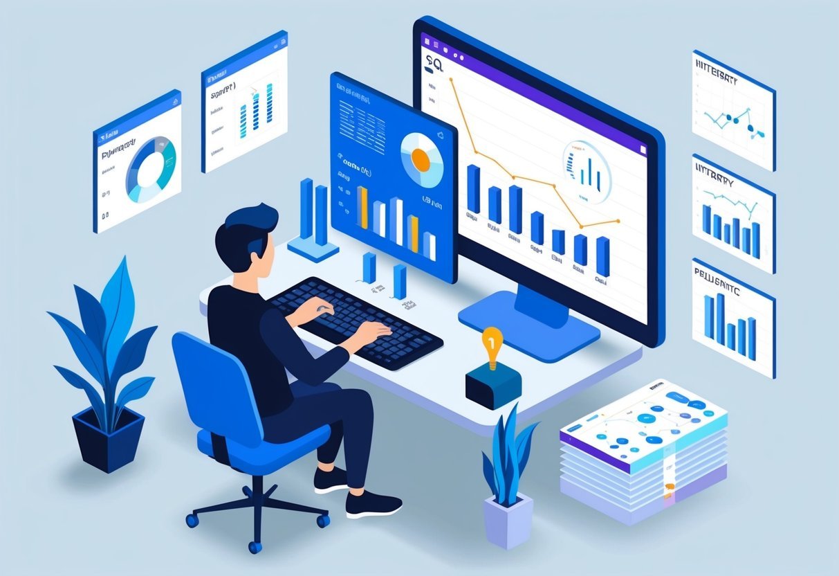 A person typing SQL commands on a computer while graphs and charts display data integrity and performance metrics