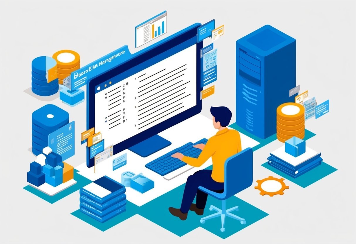 A person working at a computer, writing SQL queries, surrounded by database management and administration resources