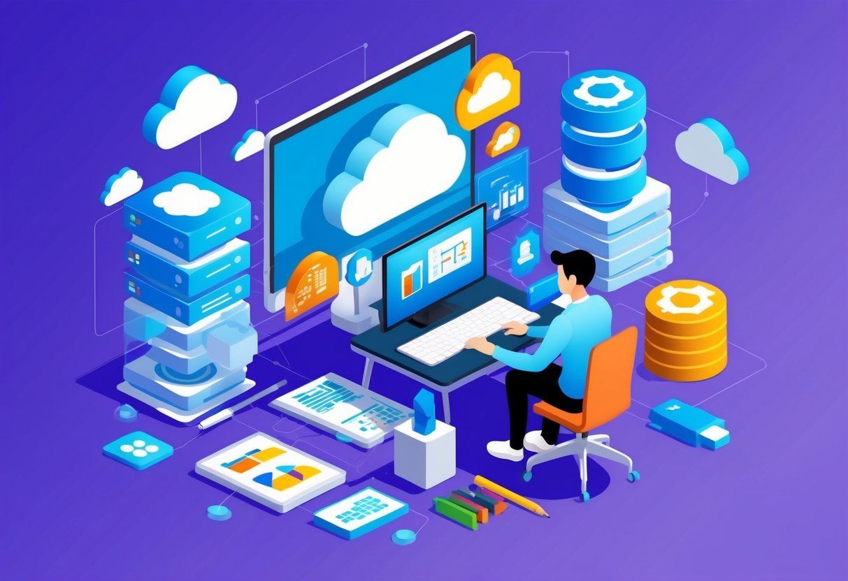 A person working on a computer, surrounded by cloud database icons and data engineering tools