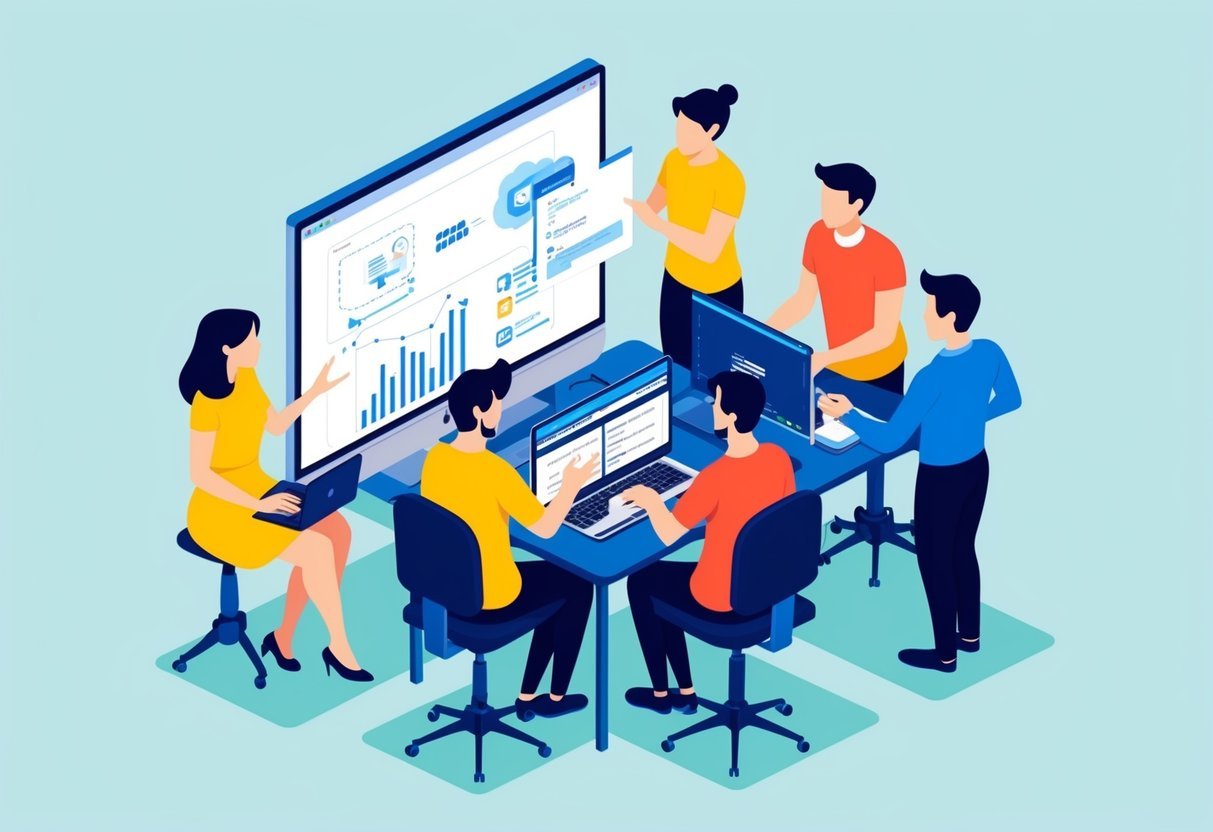 A group of people working together on a computer, collaborating and using version control to learn intermediate SQL skills for data engineering