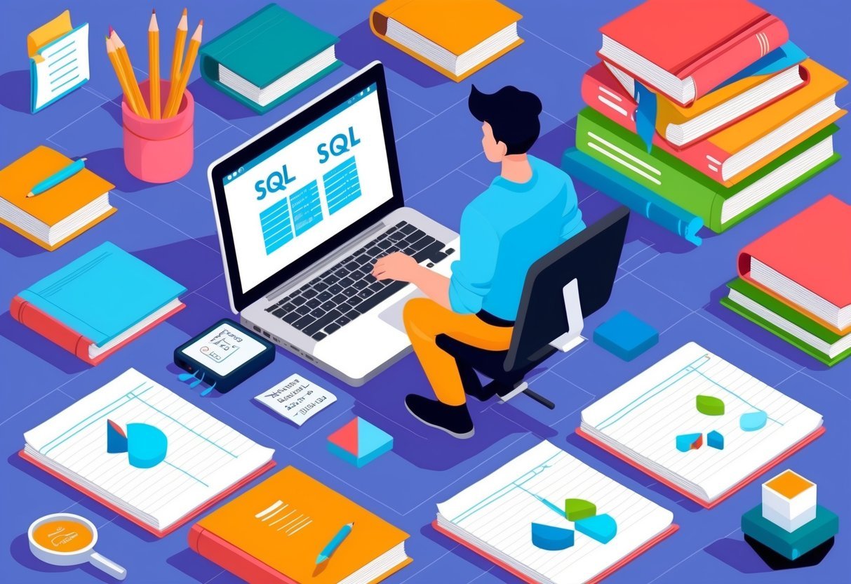 A person studying SQL on a laptop with books and notes