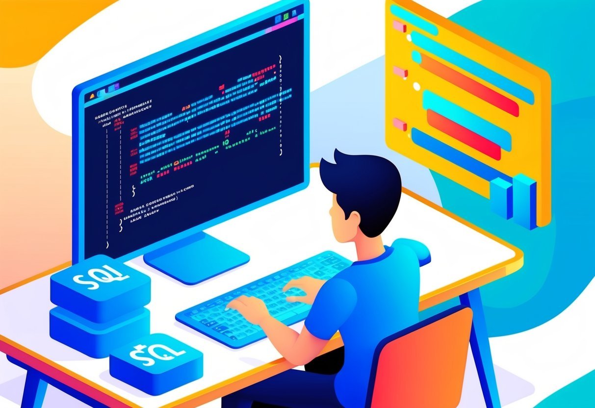 A person sitting at a desk with a computer, typing on a keyboard while looking at a screen displaying SQL code and data processing trends