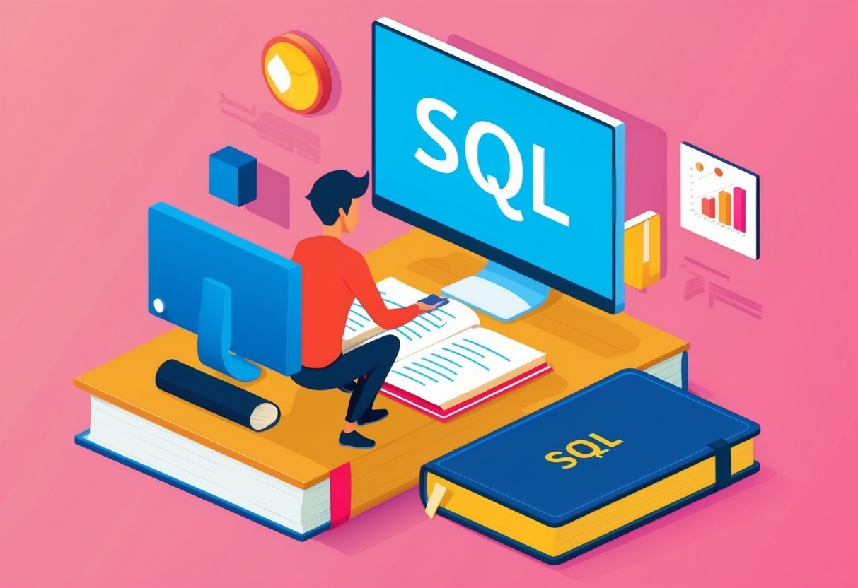 A person studying a book on SQL with a computer and notebook on the table