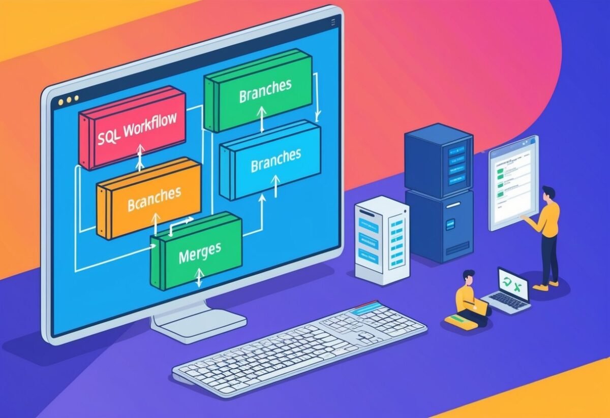 A computer screen displaying a SQL workflow with multiple branches and merges, alongside a version control system interface