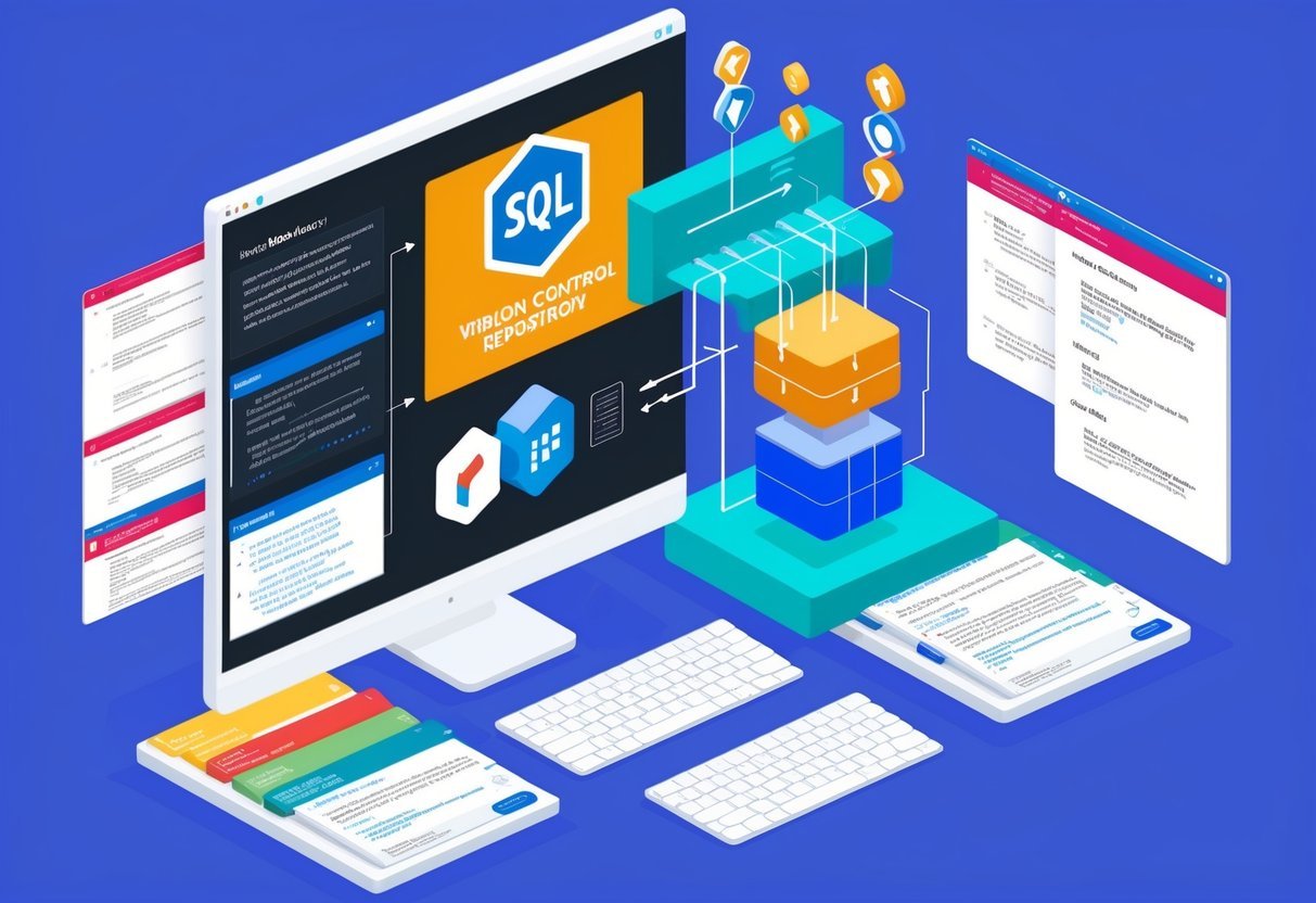 A computer screen displays a SQL workflow diagram with a version control repository being set up. Multiple tabs open with tutorials and documentation