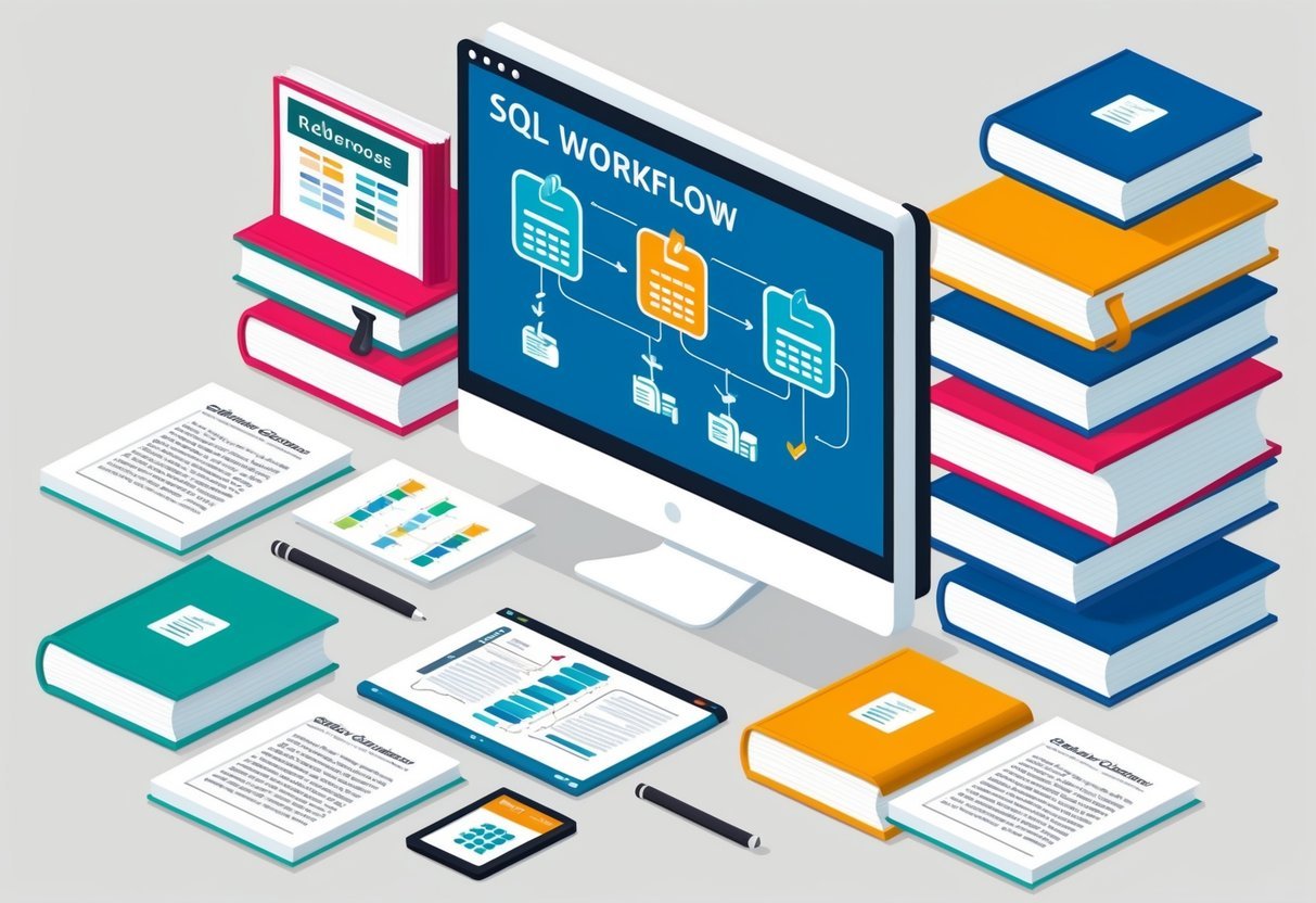 A computer screen displaying a SQL workflow with version control, surrounded by reference books and technical documents