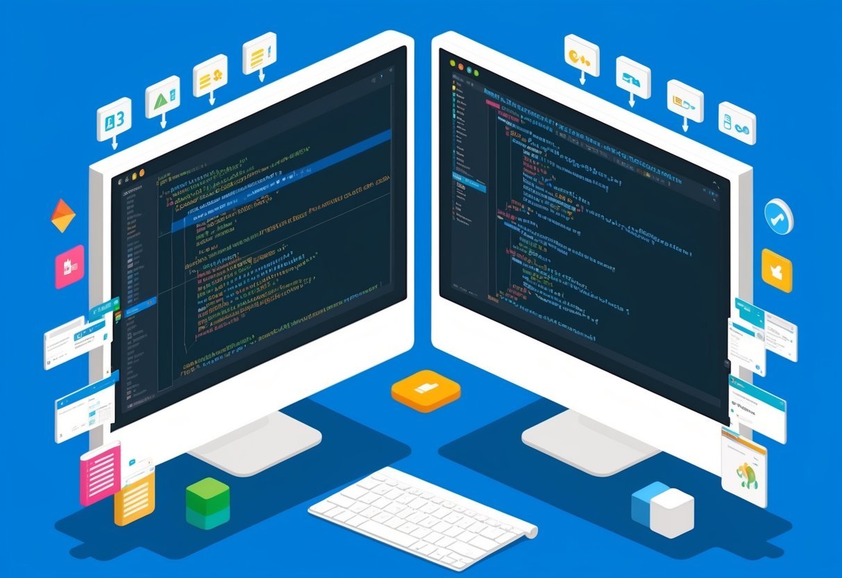 A computer screen split into two sections, one displaying application code and the other displaying database code, with version control icons and buttons visible