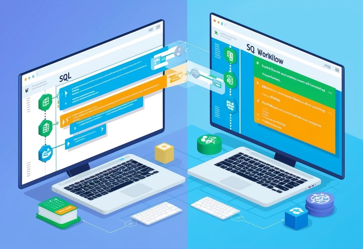 A computer screen split into two sections, each displaying a different version of a SQL workflow. Code changes are being tracked and merged in real time
