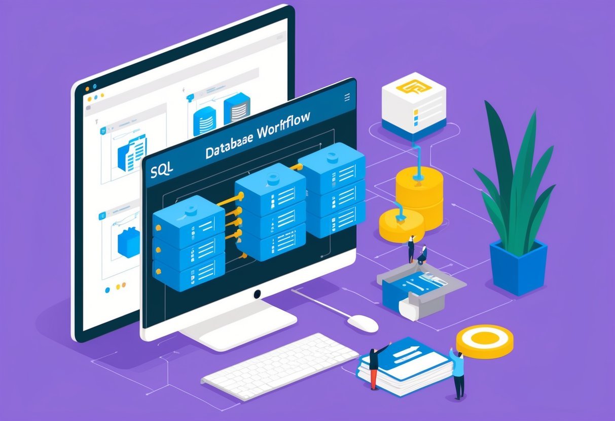 A computer screen displaying a SQL workflow with database builds and deployment automation, featuring version control tools and processes