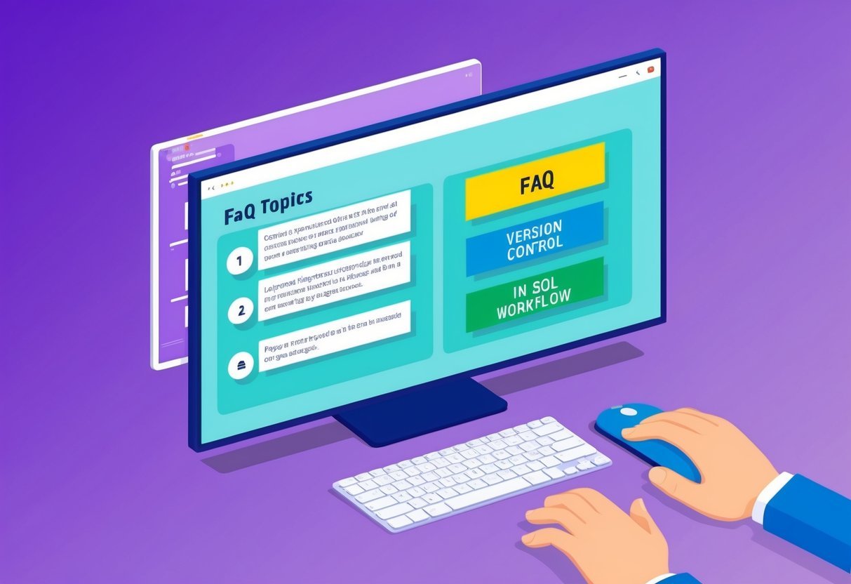 A computer screen showing a series of FAQ topics related to version control in SQL workflow, with a person's hand using a mouse to navigate the page