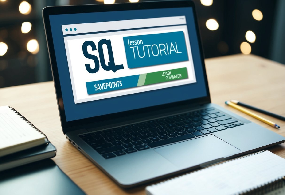 A laptop open to a SQL tutorial, with a notebook and pencil nearby. A progress bar indicates "Savepoints" lesson completion