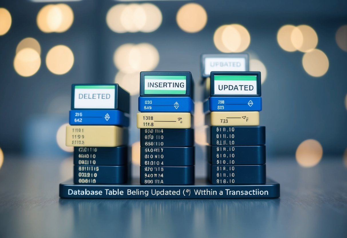 A database table being updated within a transaction, with multiple rows being inserted, updated, and deleted