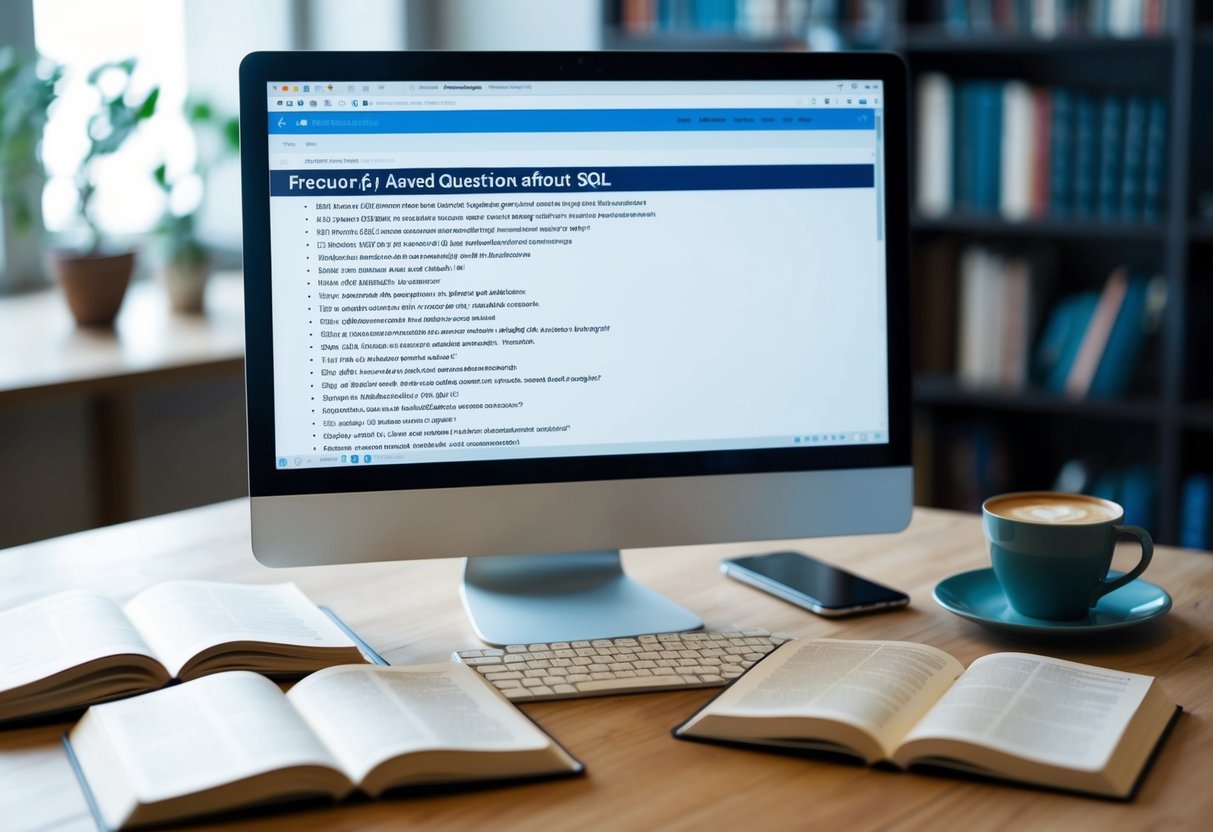 A computer screen showing a webpage with a list of frequently asked questions about SQL transactions, surrounded by open books and a cup of coffee