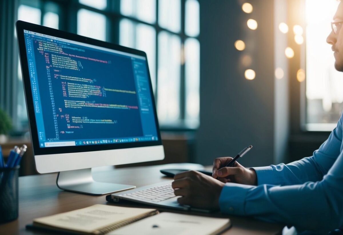A person at a desk, studying SQL clauses and techniques, with a computer screen displaying SQL code and a notebook with handwritten notes