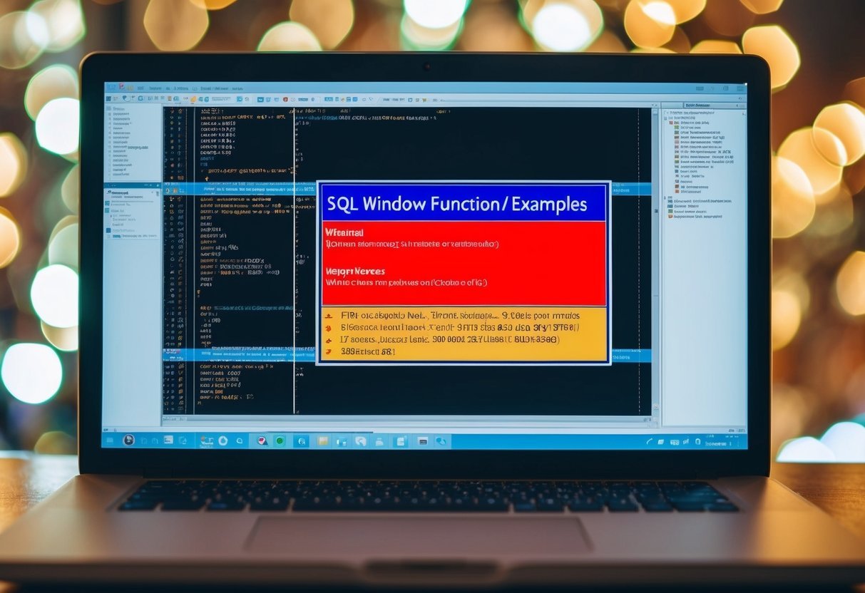 A computer screen displaying SQL window function syntax and examples