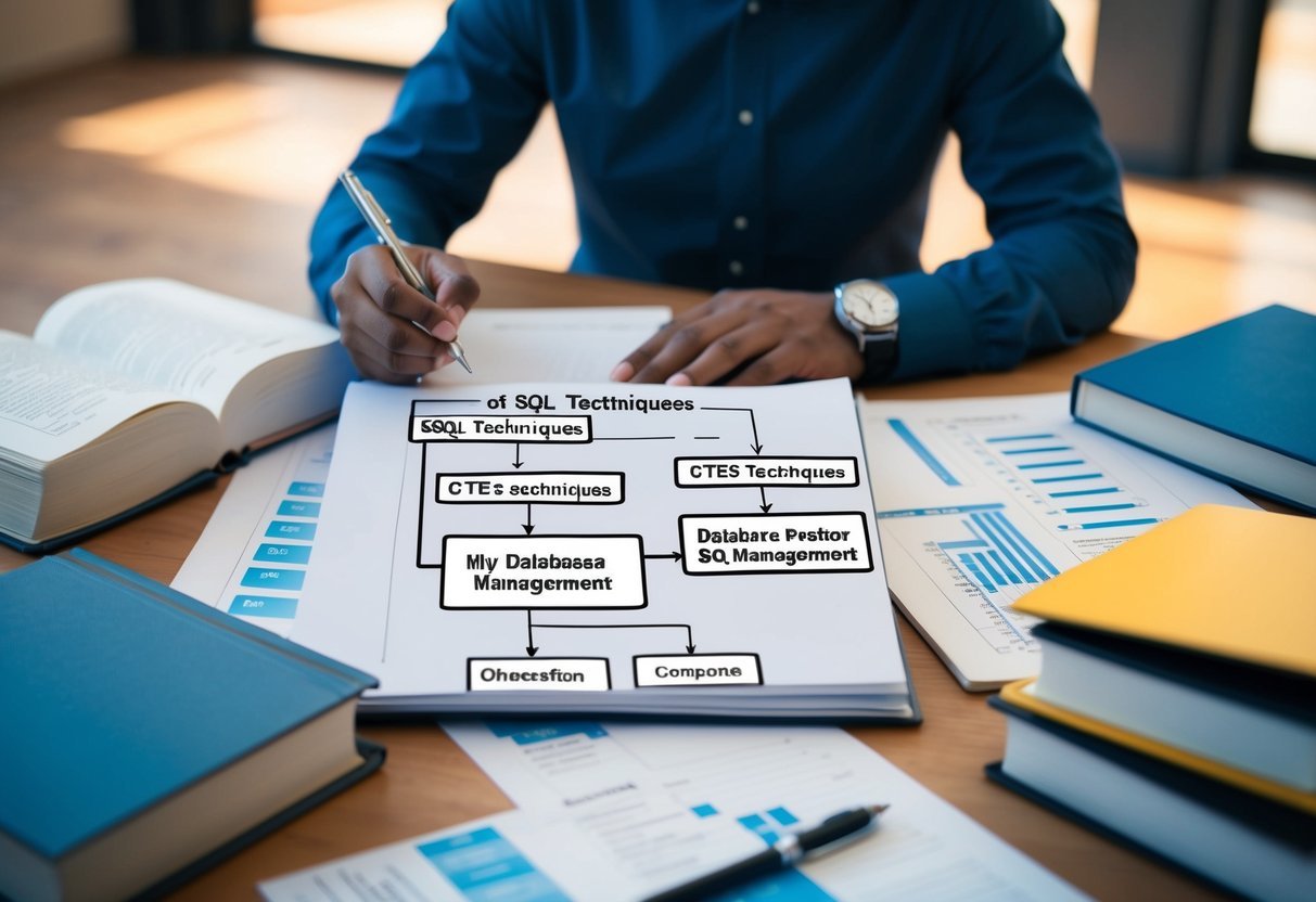 A person studying a flowchart of SQL techniques, with CTEs highlighted and labeled, surrounded by books and notes on database management