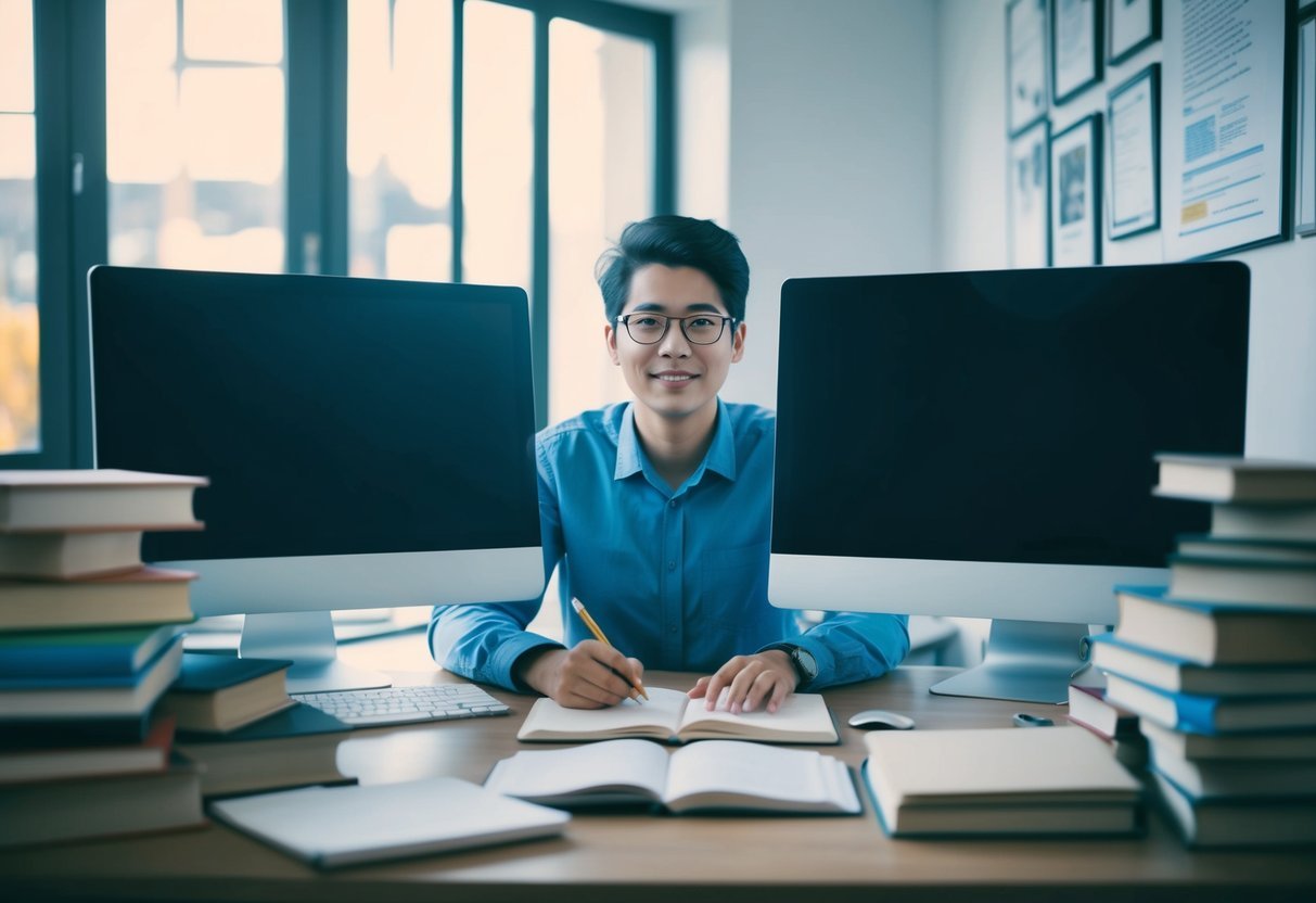 A person at a desk, surrounded by books and computer screens, studying SQL techniques