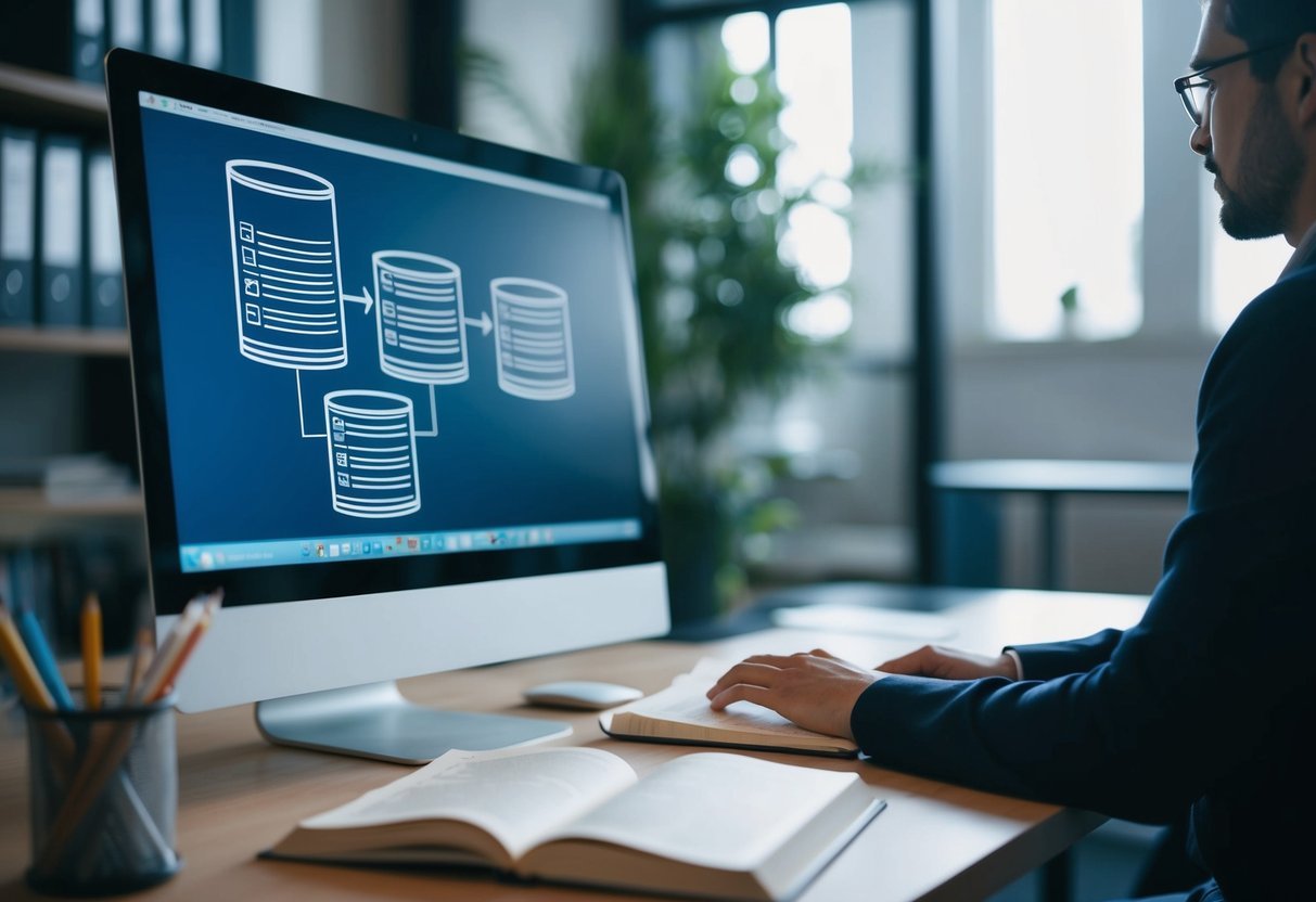 A person at a desk, studying a book on SQL techniques, with a computer displaying a database schema