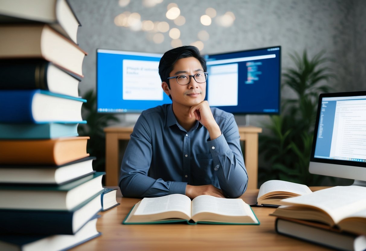 A person researching SQL techniques, surrounded by open books and computer screens, with a thoughtful expression