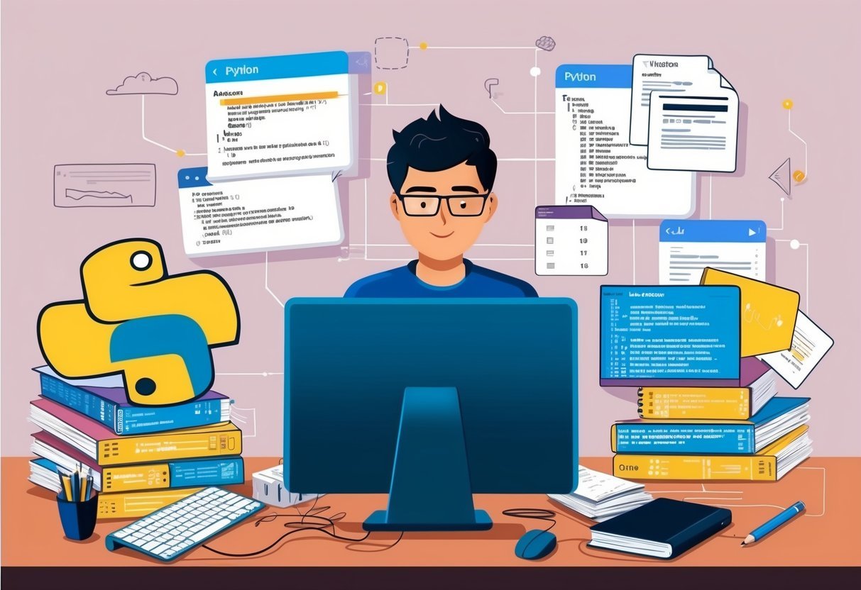 A person at a computer, surrounded by Python code and reference materials, working through common function issues