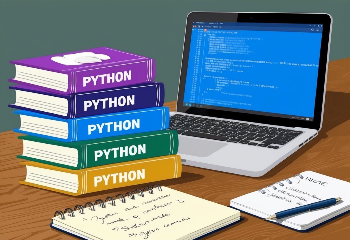 A stack of books with "Python" on the spines, a laptop with code on the screen, and a notepad with scribbled notes