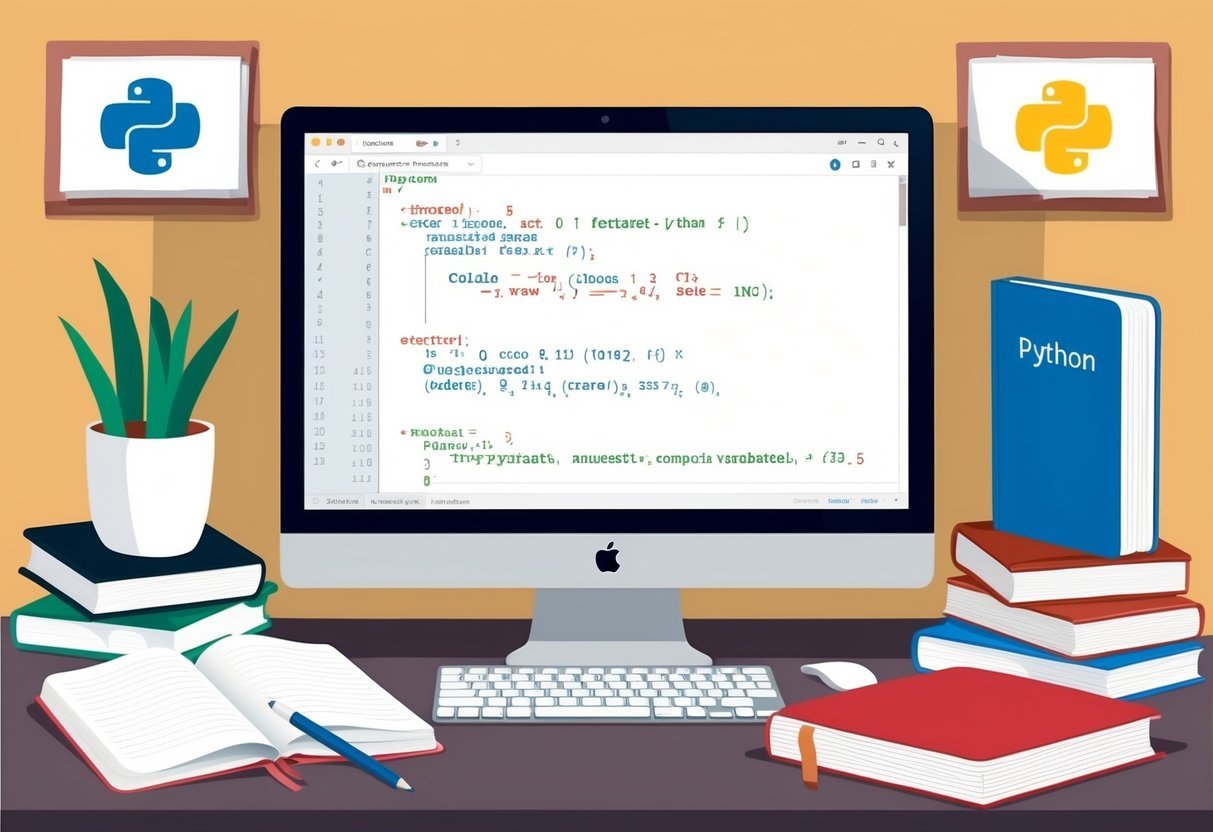A computer screen displaying Python code with numbers and variables, surrounded by books on programming and open notebooks