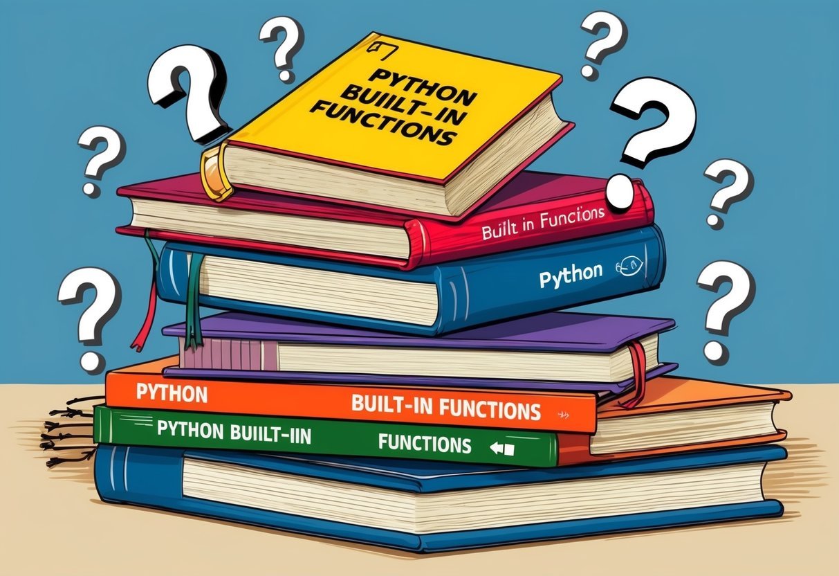 A stack of books with "Python Built-in Functions" on top, surrounded by question marks and computer code