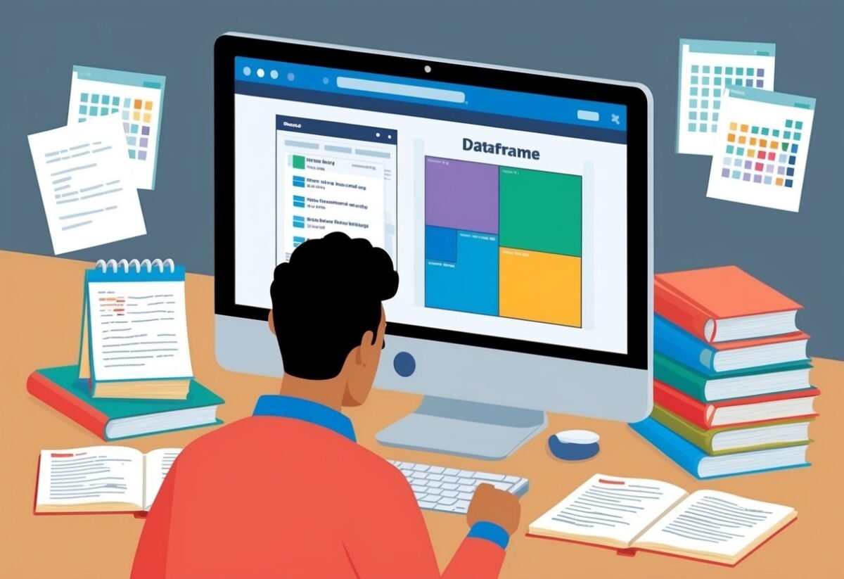 A person studying a computer screen with a dataframe displayed, surrounded by notes and books on data analysis and pivot tables