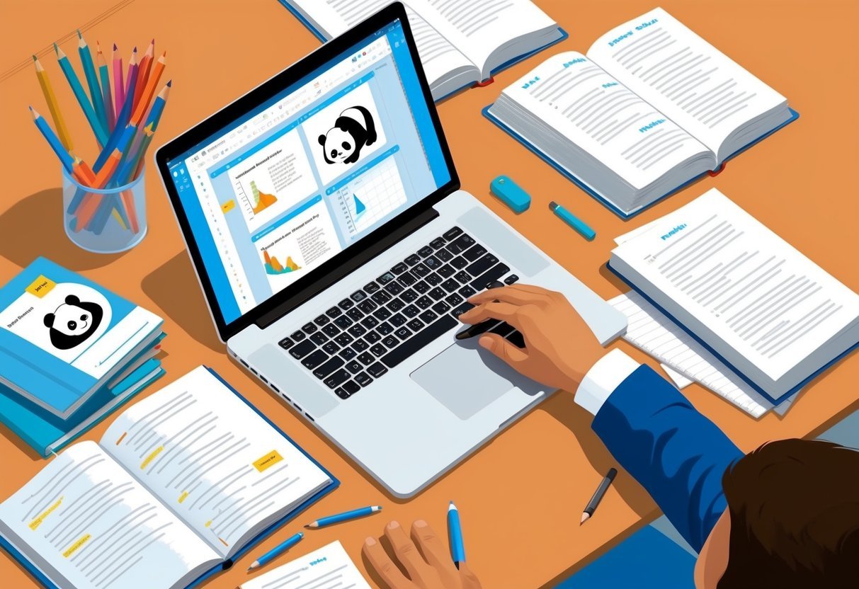 A person using a laptop to research pandas and pivot tables, with open books and notes scattered around the desk