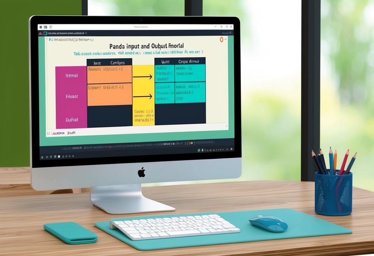 A computer screen displaying a Pandas input and output tutorial with HTML tables