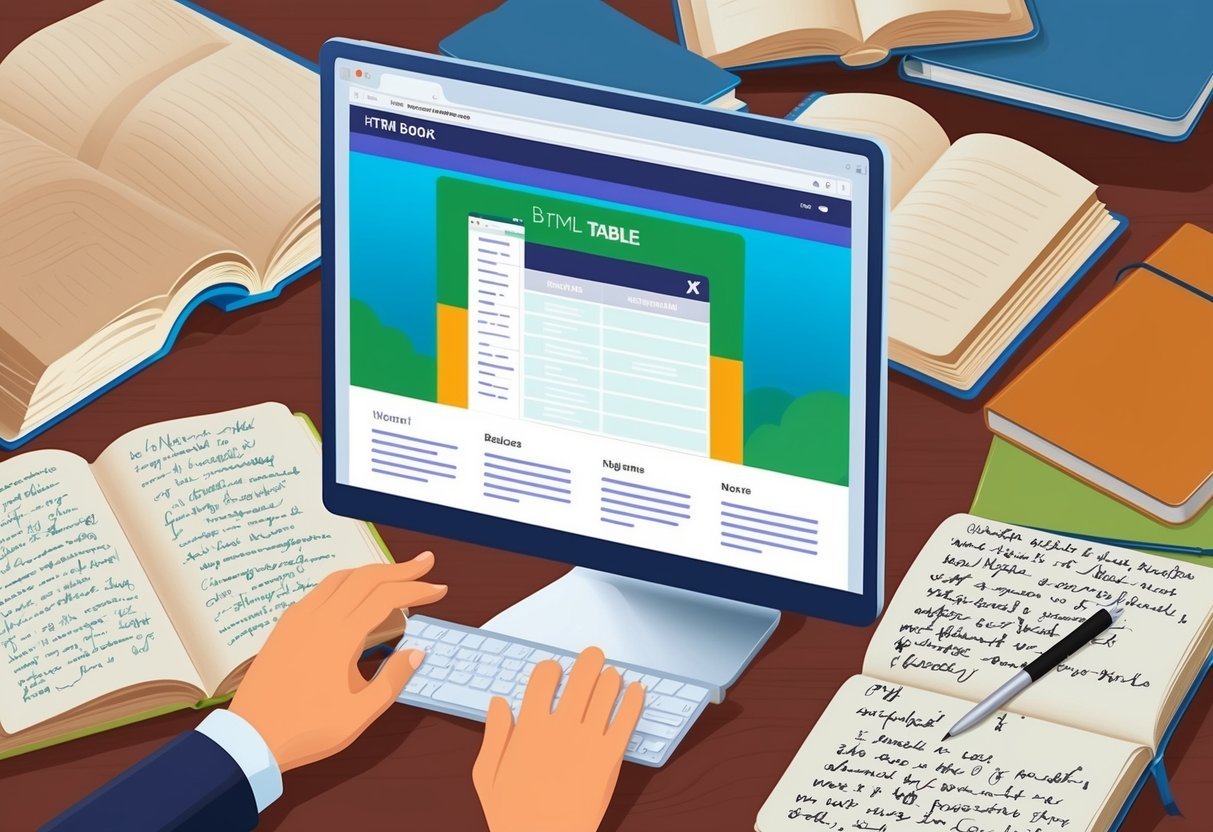 A computer displaying a webpage with an HTML table, surrounded by open books and a notebook with handwritten notes