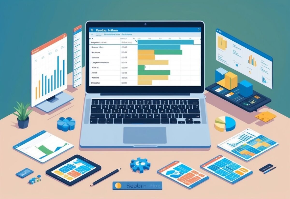 A laptop displaying a Pandas dataframe with Seaborn categorical plots and statistics, surrounded by data visualization tools and resources