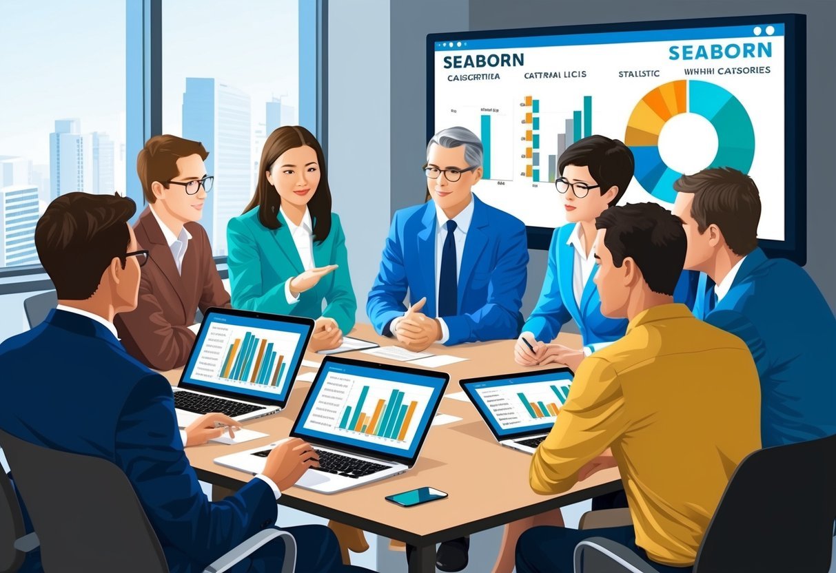A group of people gathered around a presentation screen, discussing and analyzing data using Seaborn categorical plots and statistics within categories