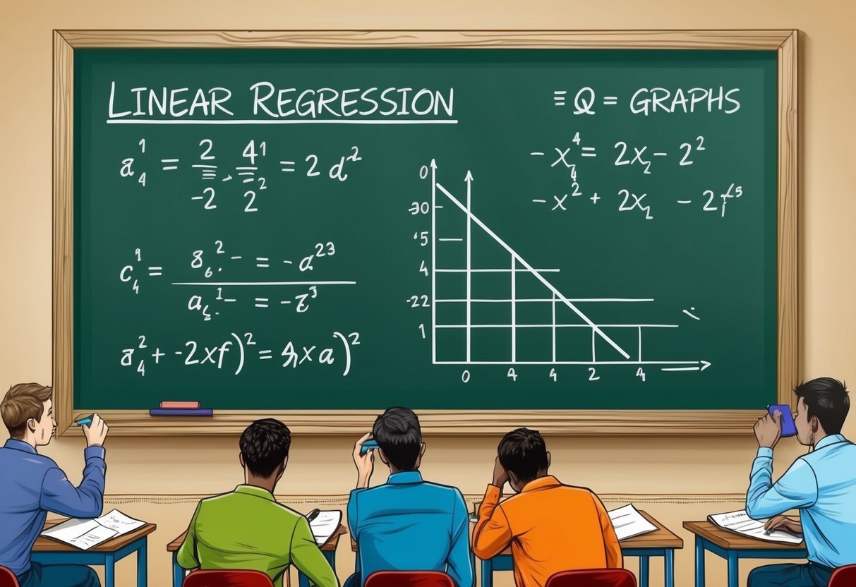 A chalkboard with equations and graphs on linear regression, surrounded by students taking notes