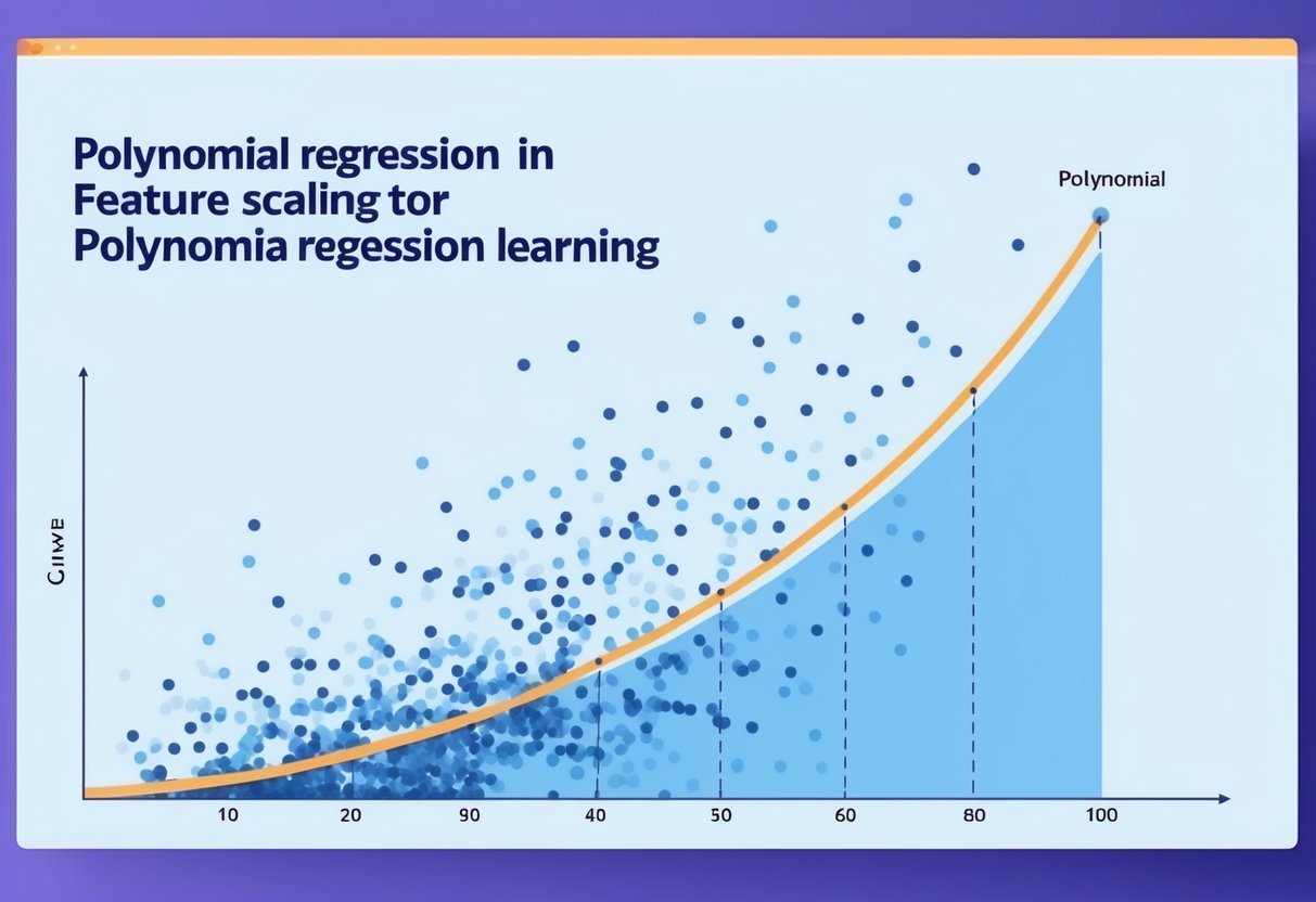 A graph with a polynomial curve fitting closely to a scatter plot of data points, illustrating the significance of feature scaling in polynomial regression learning
